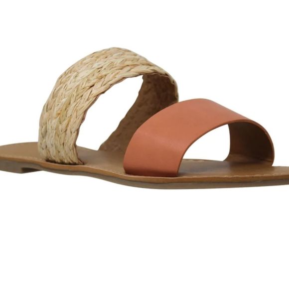 Qupid Two Band Slip-On Flat Sandals- Coral/Straw Tan - Picture 3 of 10